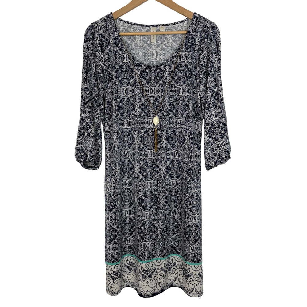 Tacera Womens Floral Geometric Paisley Dress Sz‎ M Navy 3/4 Sleeve Slit Necklace